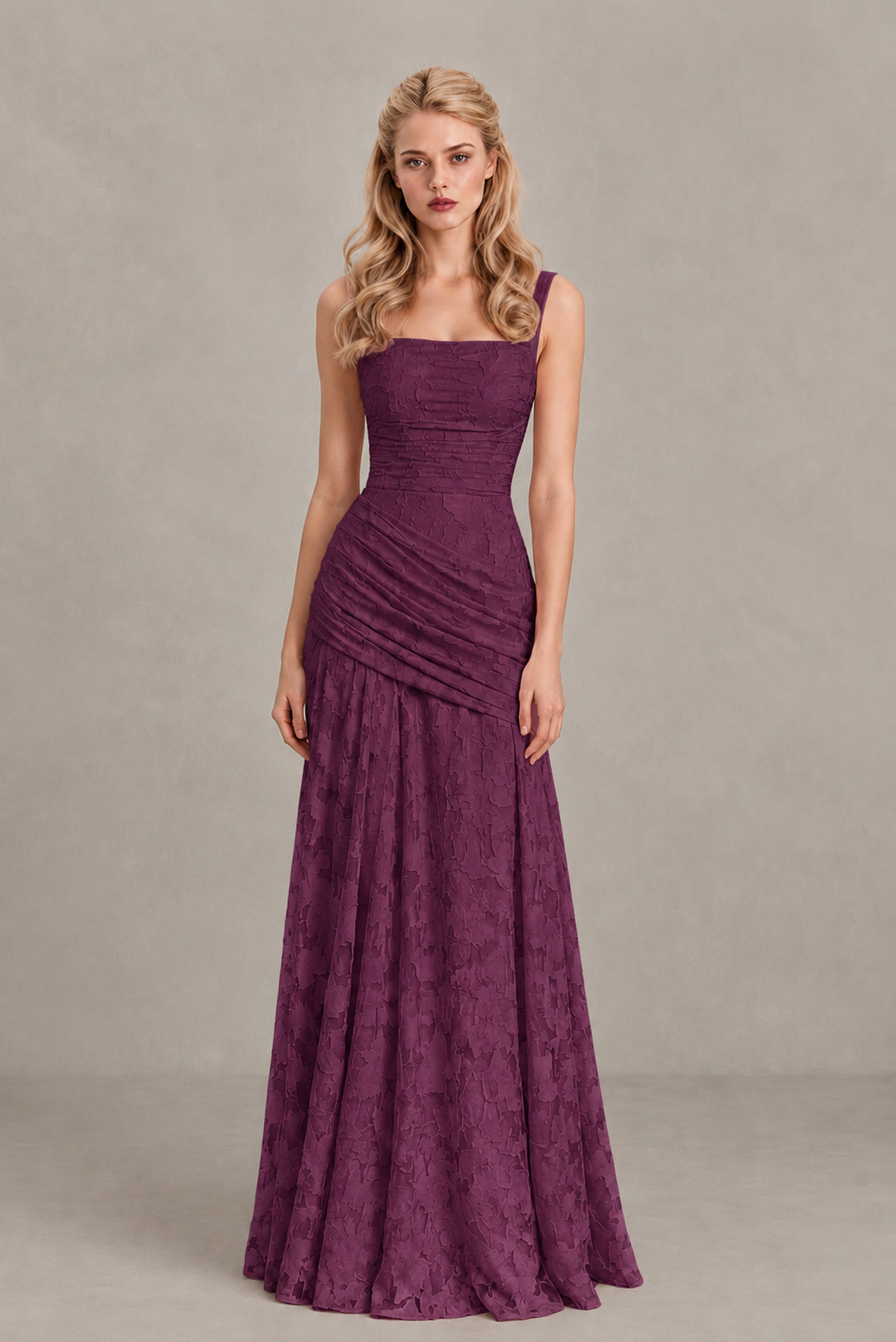 BOLODOO Plum Ruched Floral Maxi Dress with Lace-Up Back - Plum