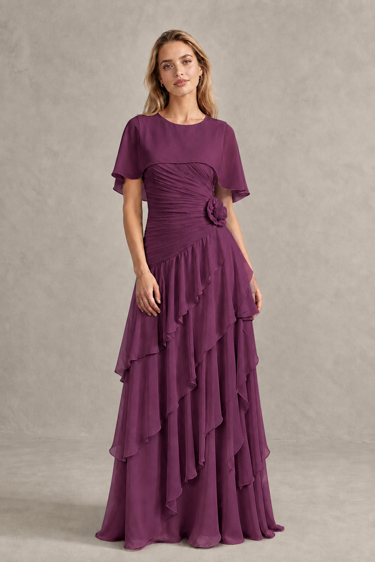 BOLODOO Plum Chiffon Flutter Sleeve Tiered Maxi Dress with 3D Rosette - Plum