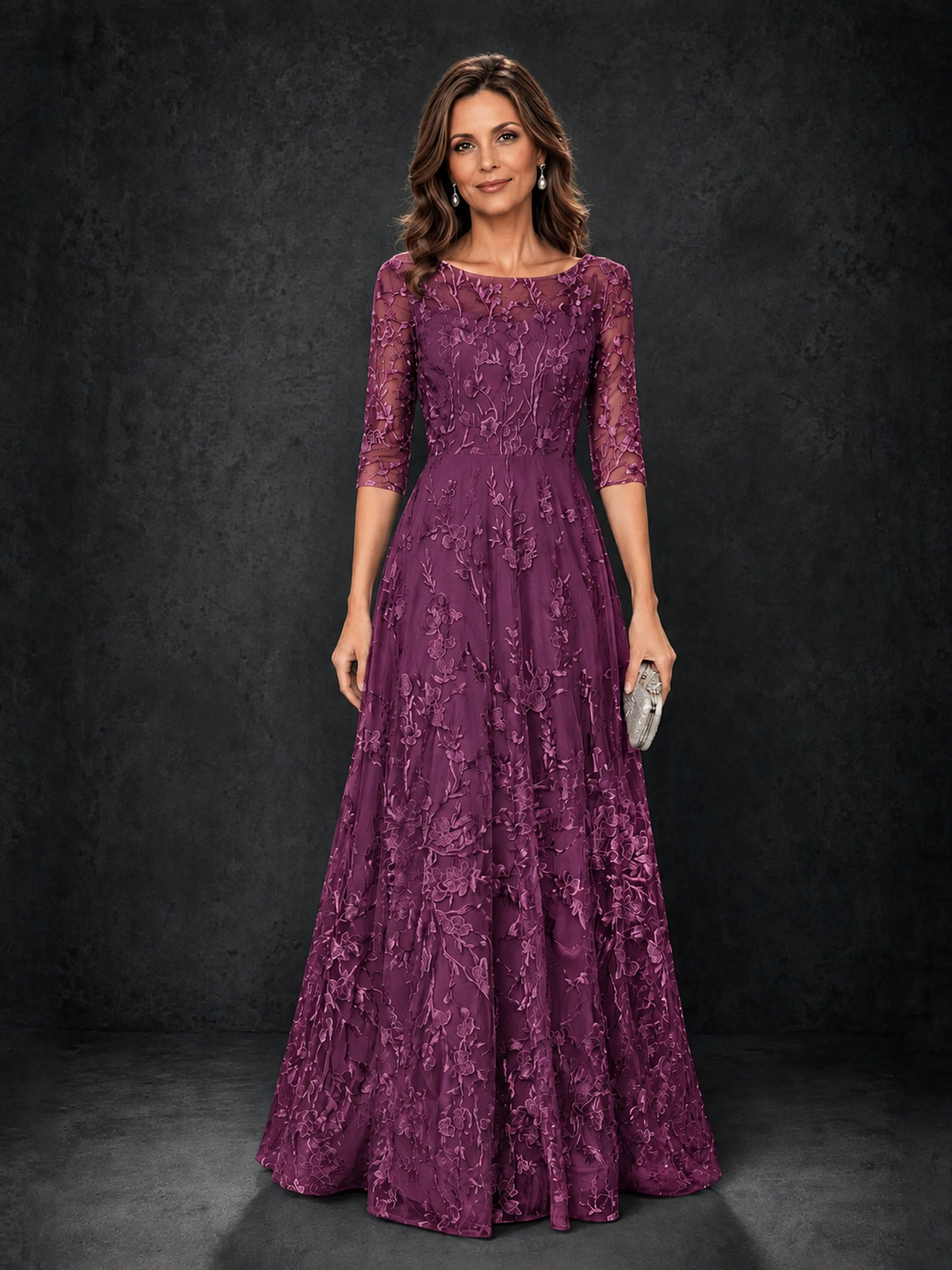 BOLODOO Plum Illusion Bateau Neck 3/4 Sleeve Floral Lace A-Line Mother of the Bride Dress MX007 - Plum