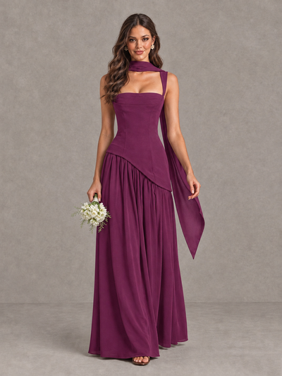BOLODOO Plum Brown Scarf Bridesmaid Dress with Lace-Up Back - Plum - Plum (1)