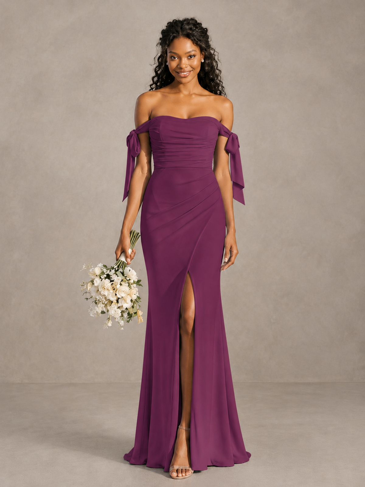 Plum Off-Shoulder Bow Bridesmaid Dress with Slit - Plum - Plum (1)