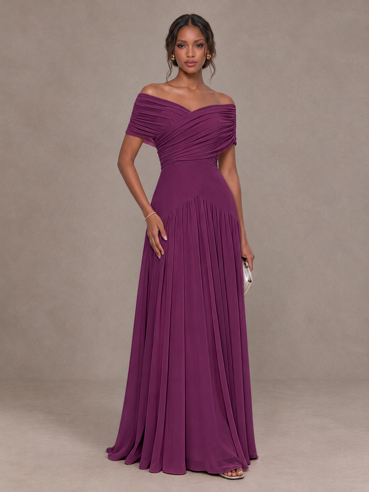 BOLODOO Plum Off-Shoulder Ruched A-Line Bridesmaid Dress - Plum - Plum (1)
