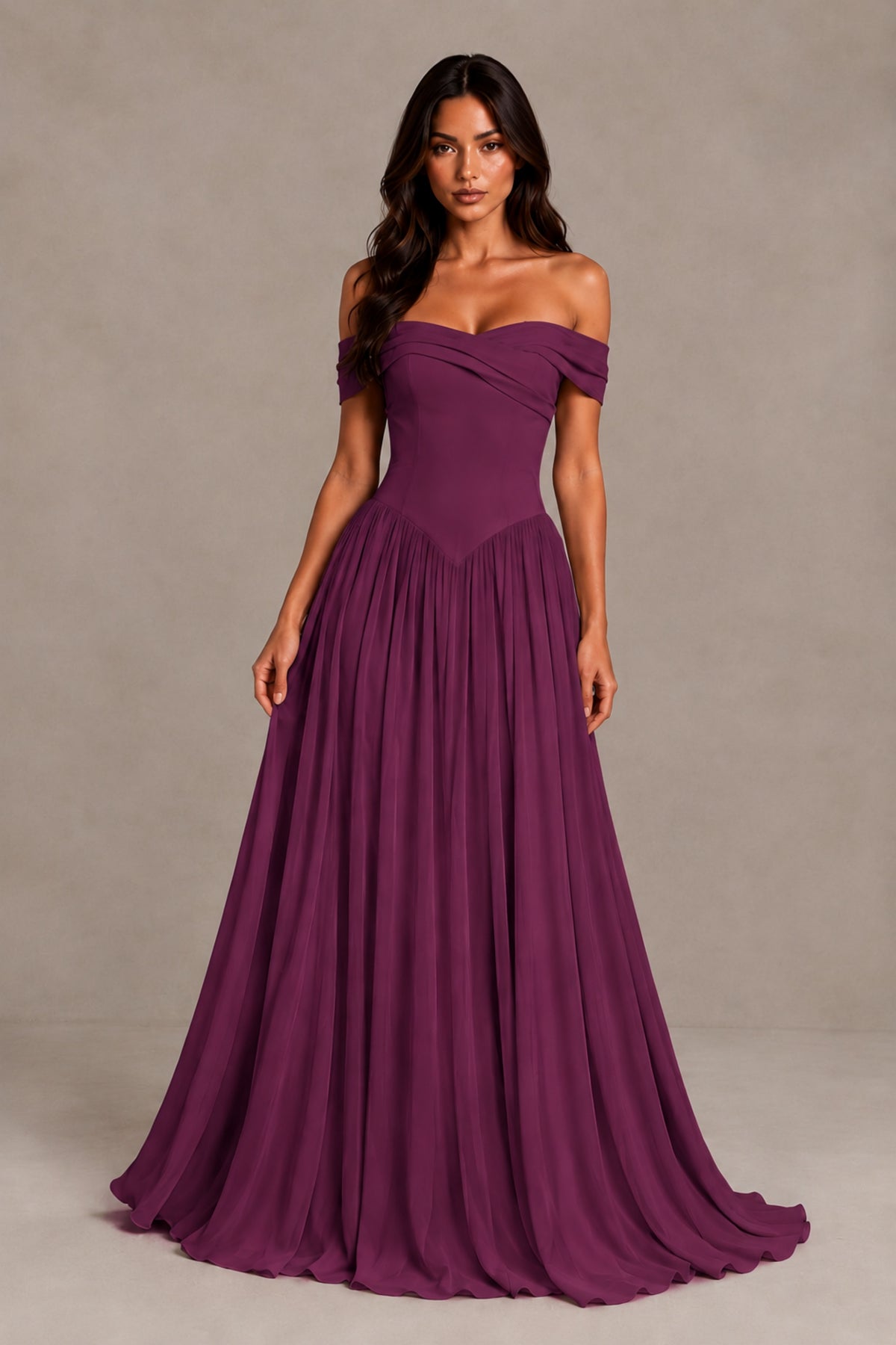 BOLODOO Plum Off-Shoulder Sweetheart Corset Pleated Chiffon Maxi Dress - Plum - Plum (1)