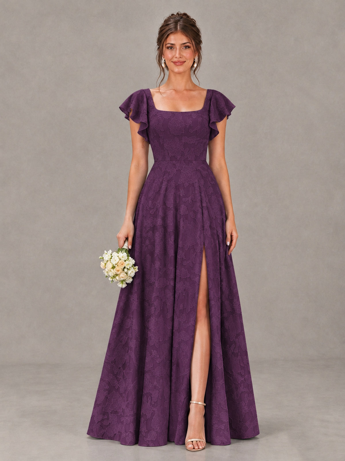 BOLODOO Plum Floral Flutter Sleeve Bridesmaid Dress with Slit - Plum - Plum (1)