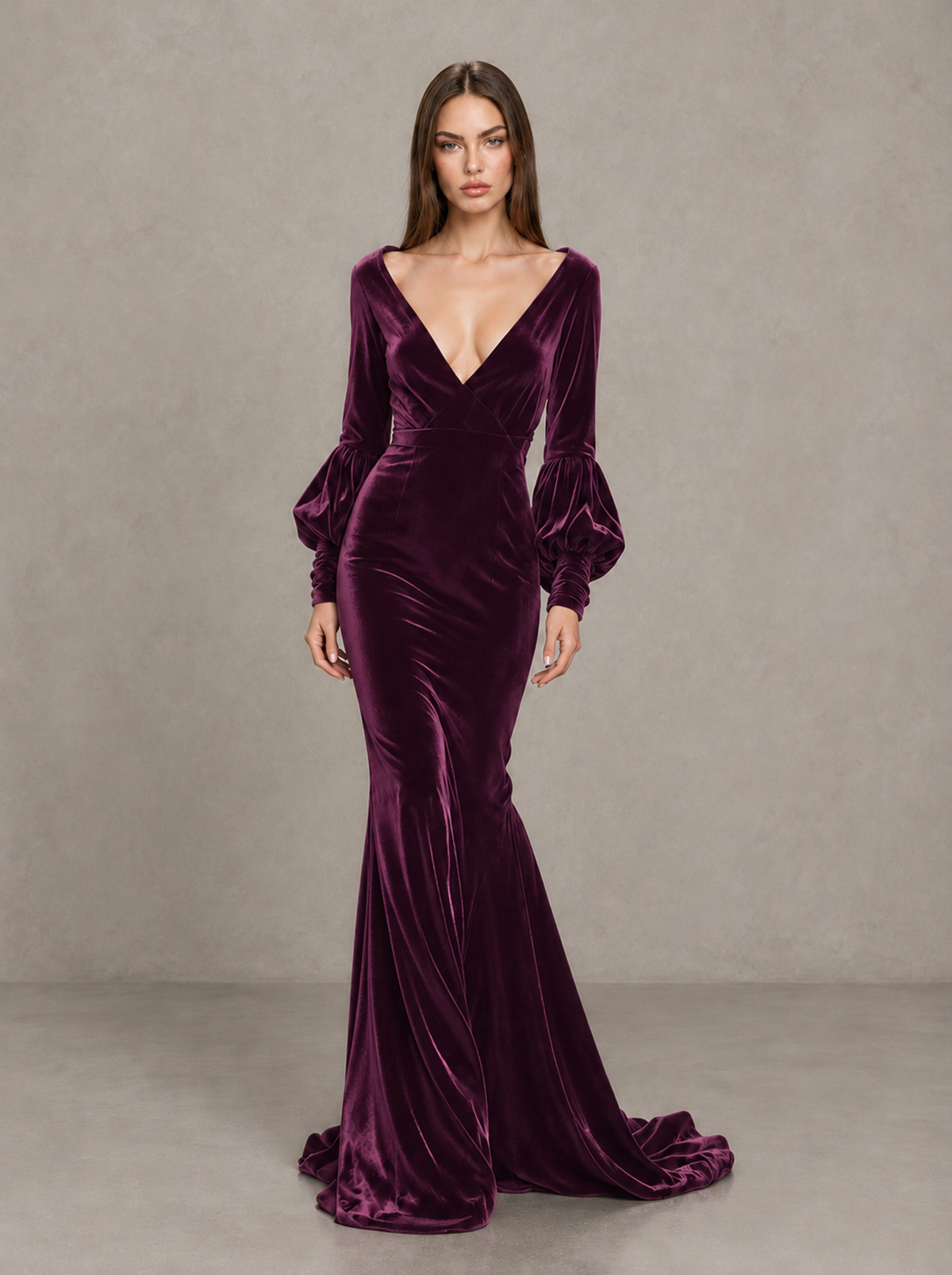 BOLODOO Plum Velvet V-Neck Long Sleeve Open Back Mermaid Evening Gown - Plum - Plum (1)