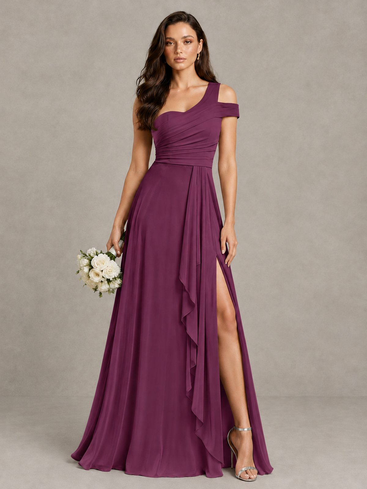 BOLODOO Plum One-Shoulder Bridesmaid Dress with Side Slit - Plum - Plum (1)