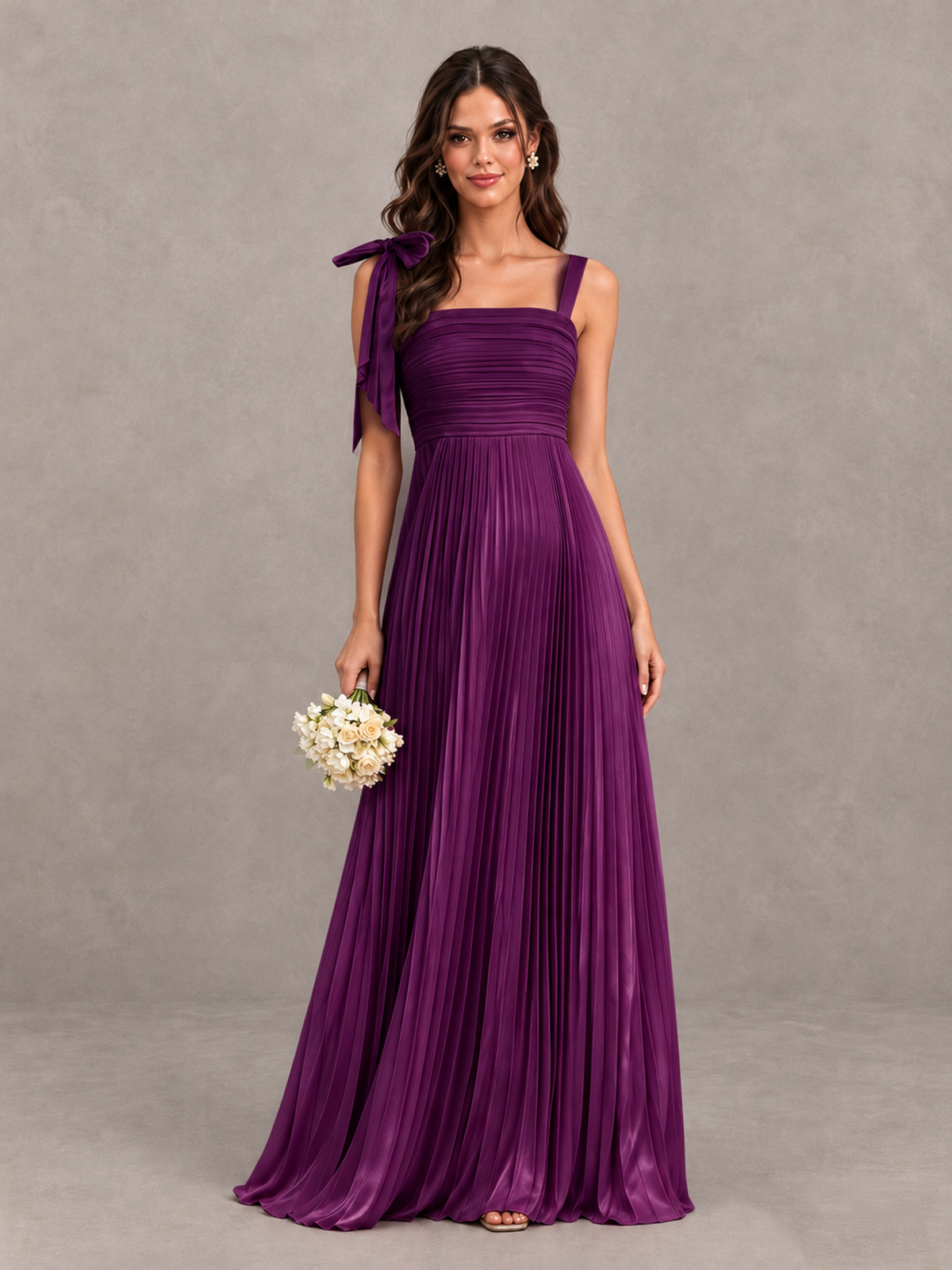 BOLODOO Plum Pleated Bow-Strap Bridesmaid Maxi Dress - Plum - Plum (1)