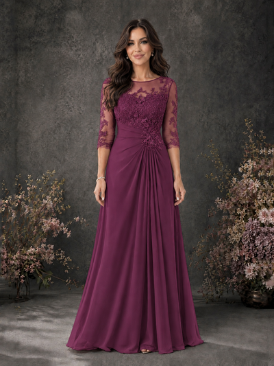 BOLODOO Plum Chiffon Lace Illusion Neckline 3/4 Sleeve Floor Length Formal Gown - Plum
