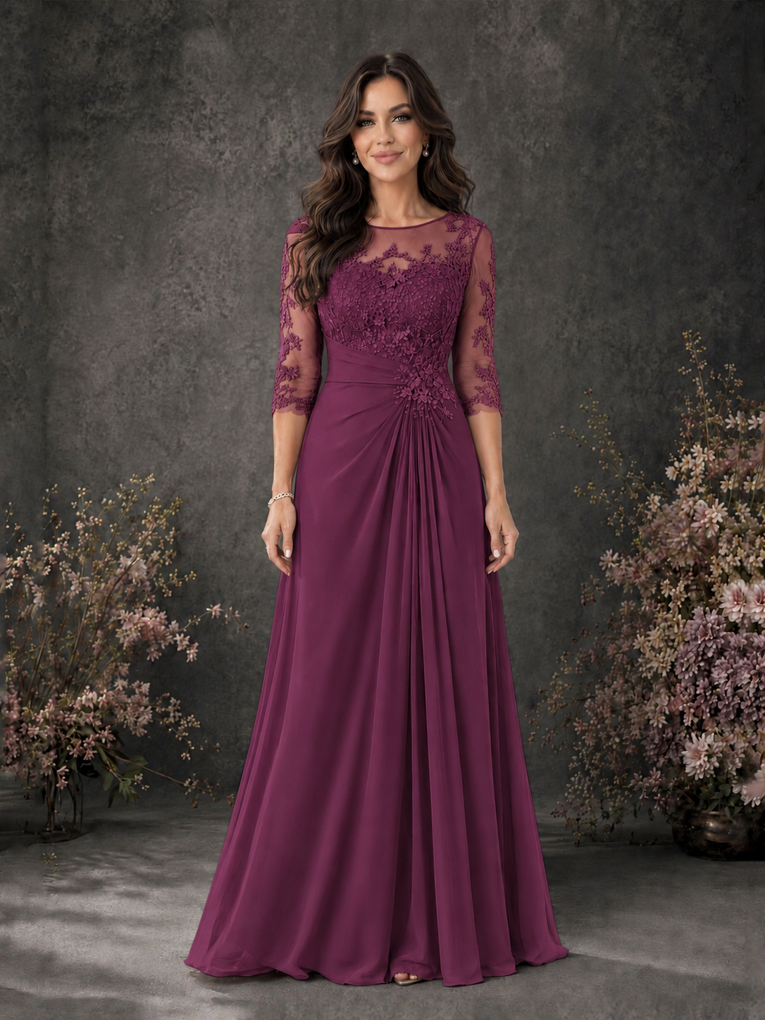 BOLODOO Plum Chiffon Lace Illusion Neckline 3/4 Sleeve Floor Length Formal Gown - Plum