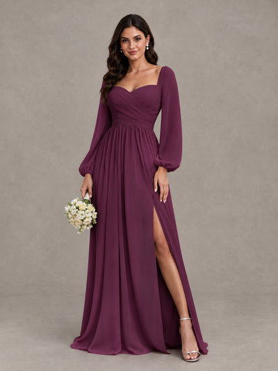 BOLODOO Plum Long Sleeve Chiffon Bridesmaid Dress with Slit - Plum - Plum (1)