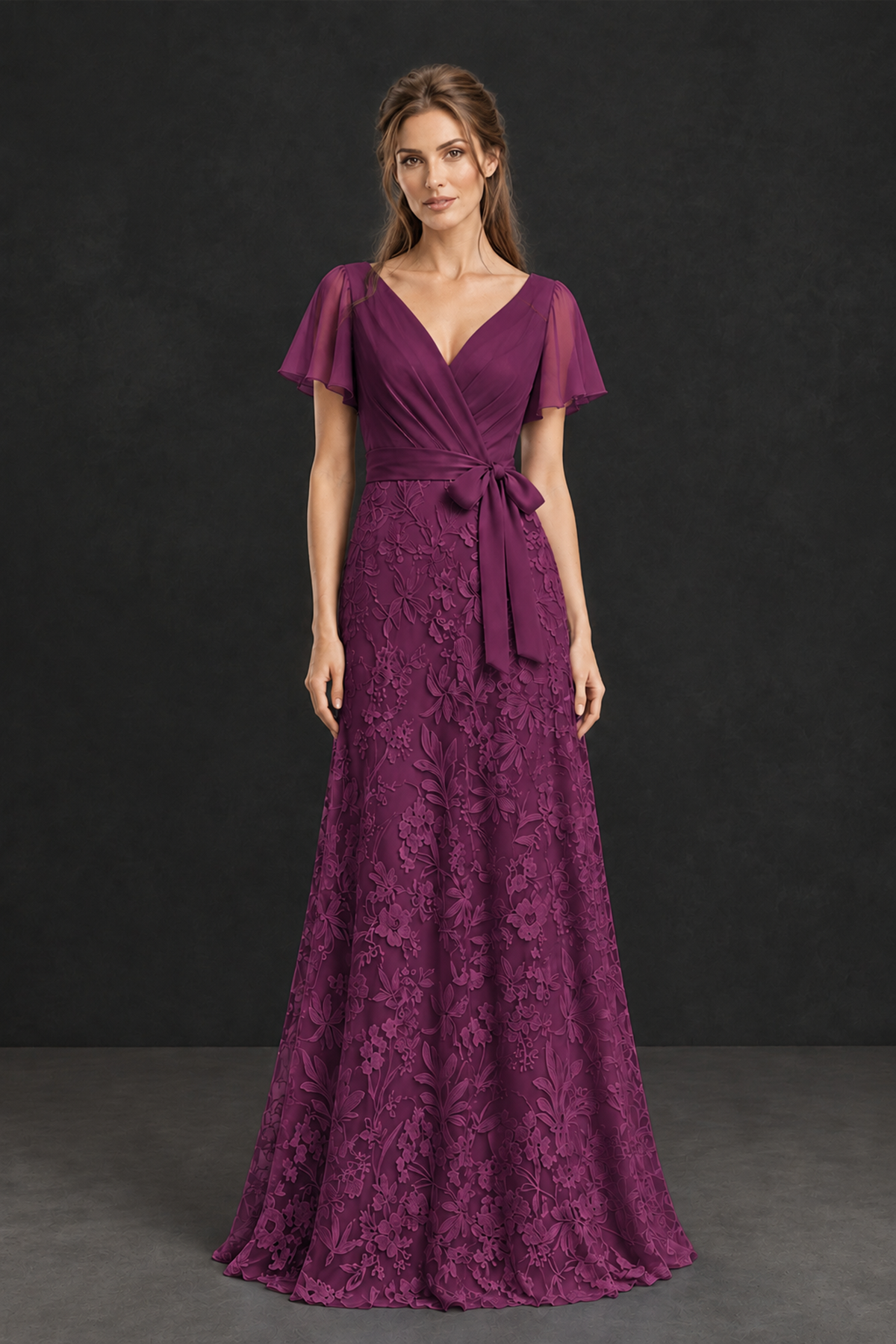 BOLODOO Plum Flutter Sleeve Lace Mother of the Bride Dress - Plum