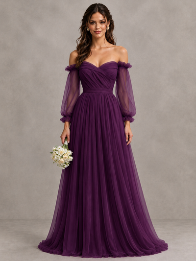 BOLODOO Plum Off-the-Shoulder Long Sleeve A-Line Bridesmaid Dress - Plum - Plum (1)