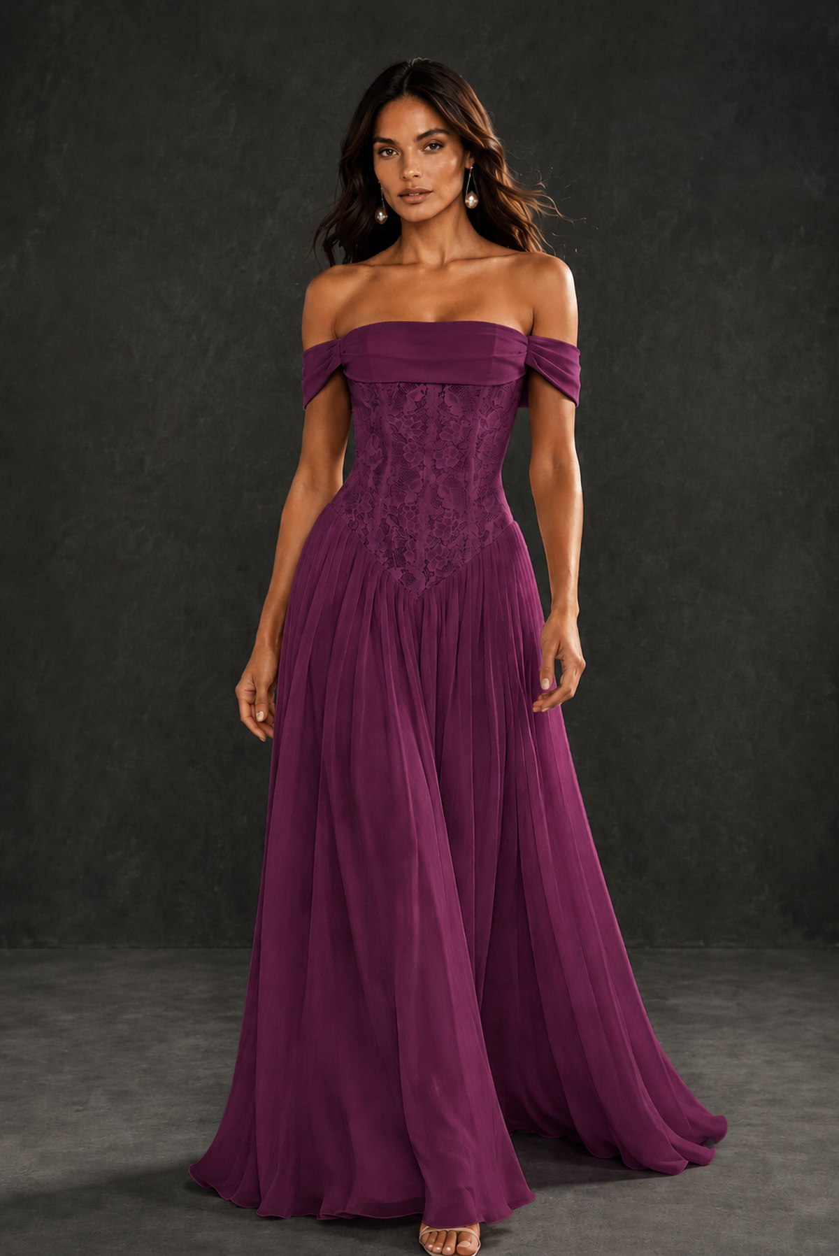 BOLODOO Plum Off-Shoulder Lace Corset Tulle Maxi Dress - Plum