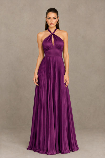 BOLODOO Plum Halter Pleated A-Line Evening Dress - Plum - Plum (1)