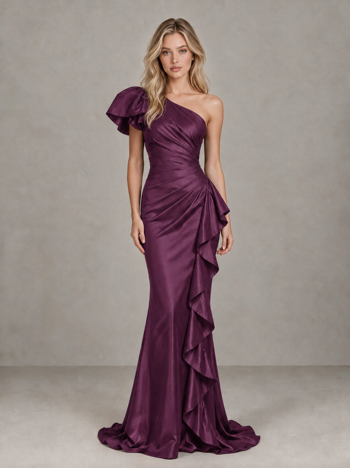 BOLODOO Plum One-Shoulder Satin-Look Mermaid Evening Dress with Ruffles - Plum - Plum (1)