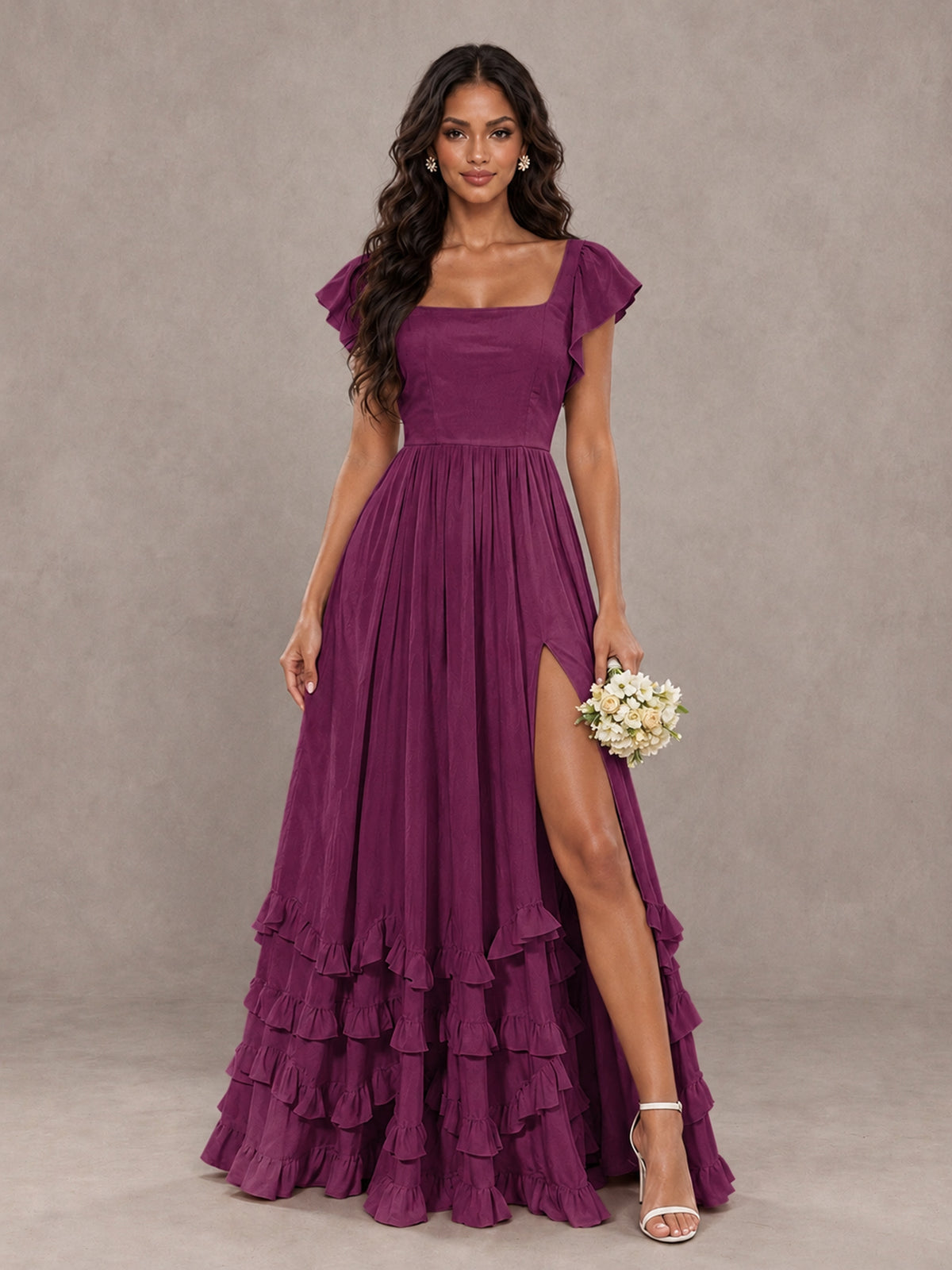 BOLODOO Plum Flutter Sleeve Ruffle Bridesmaid Dress with Slit - Plum - Plum (1)