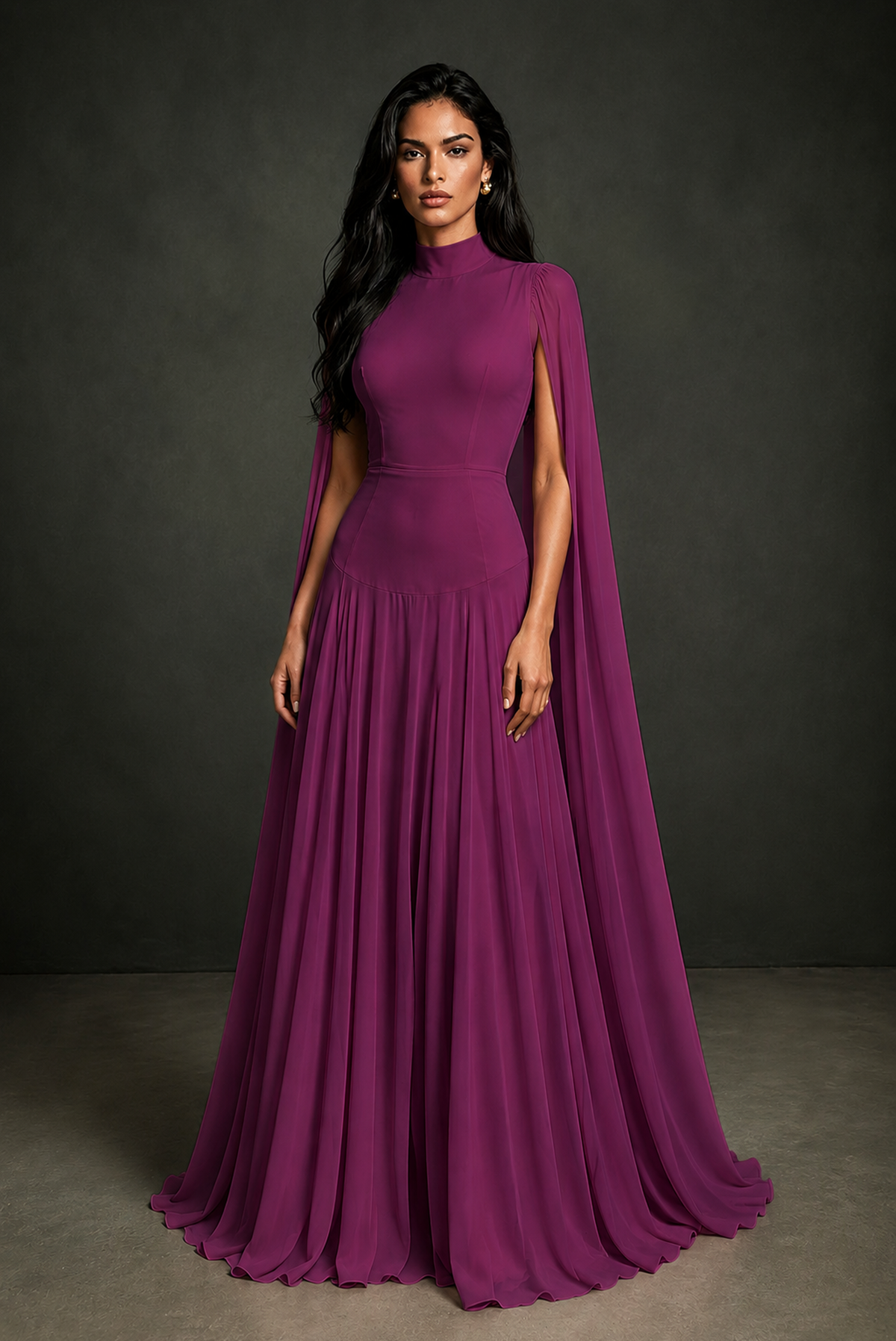 BOLODOO Plum Mock Neck Cape Sleeve A-Line Chiffon Maxi Dress - Plum