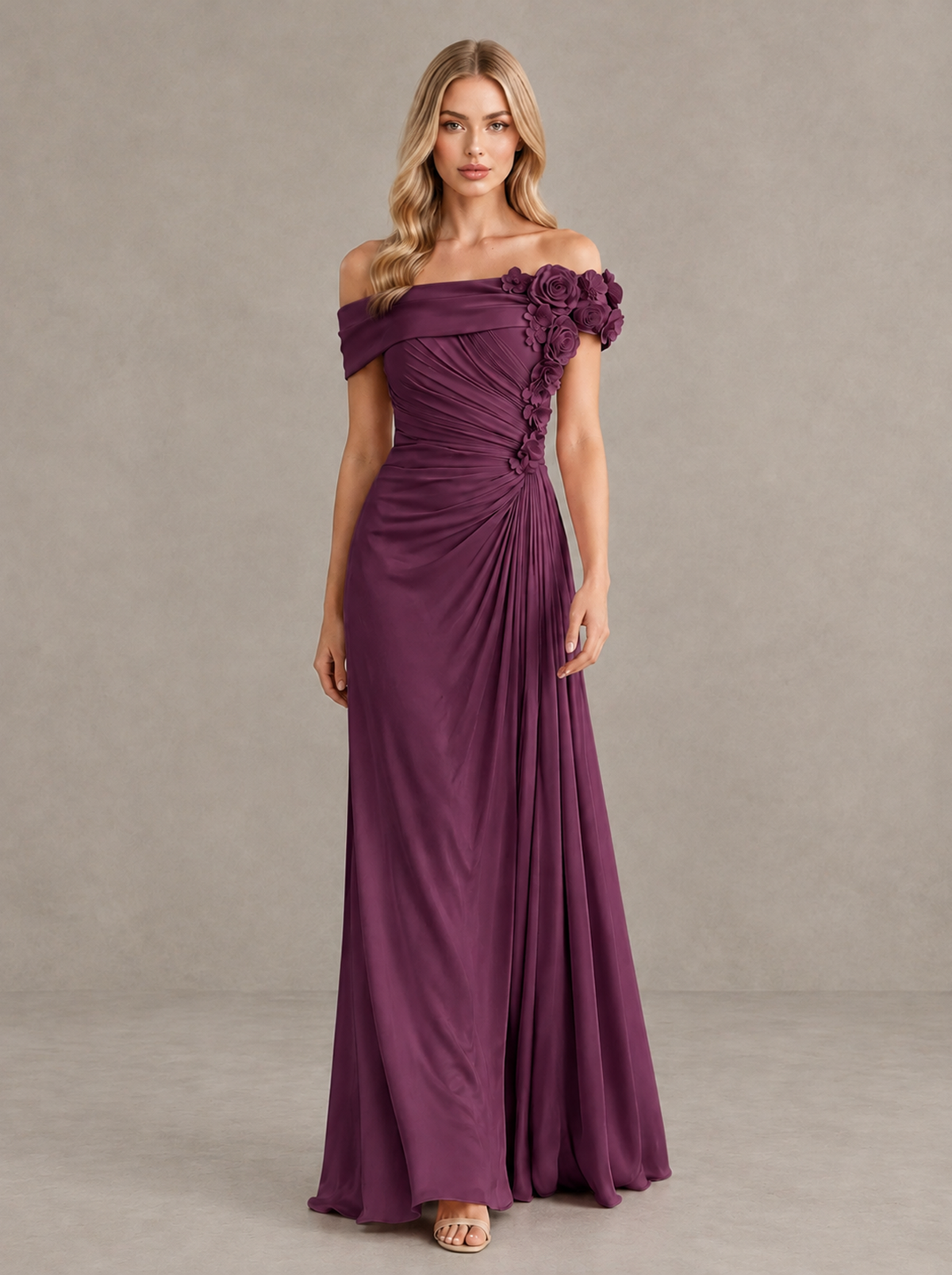 BOLODOO Plum Off-Shoulder Floral Applique Wedding Guest Maxi Dress - Plum - Plum (1)