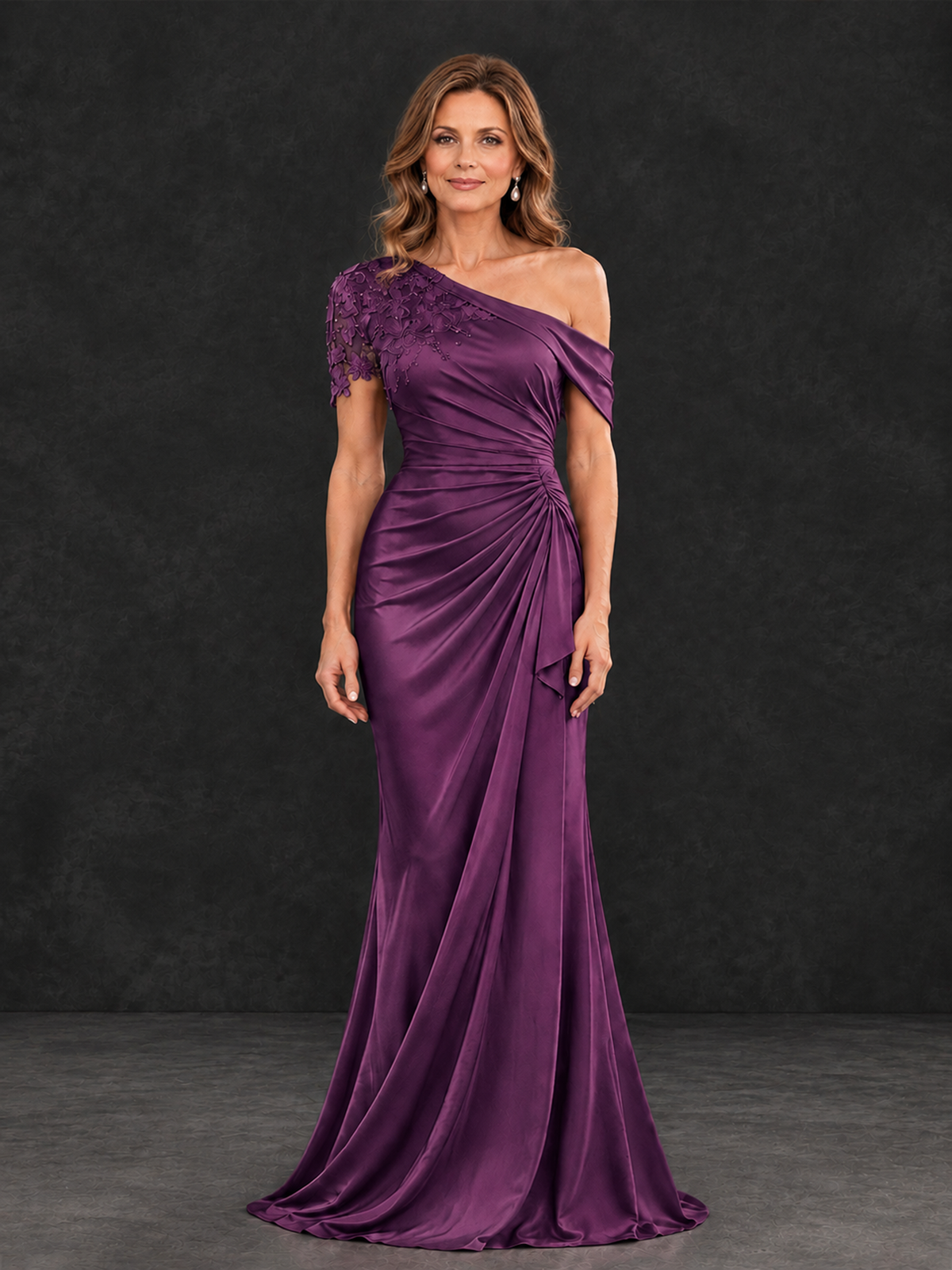 BOLODOO Plum Asymmetric Satin Mother of the Bride Dress with Lace Sleeve - Plum - Plum (1)