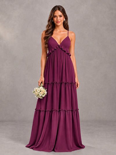 BOLODOO Plum Tiered V-Neck Lace-Up Back Bridesmaid Dress - Plum - Plum (1)