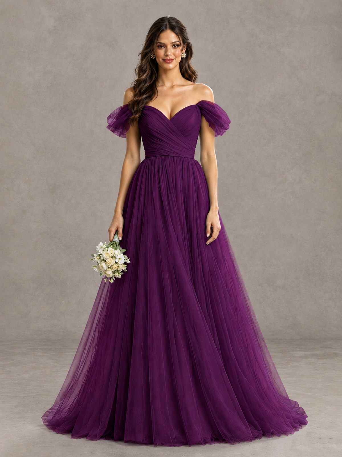 BOLODOO Plum Off-the-Shoulder Ruffle Sleeve A-Line Bridesmaid Dress - Plum - Plum (1)