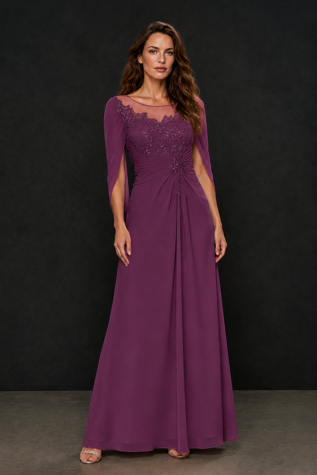 BOLODOO Plum Illusion Lace One-Side Cape Sleeve Beaded Chiffon Floor Length Gown | Mother of the Bride Evening Dress - Plum