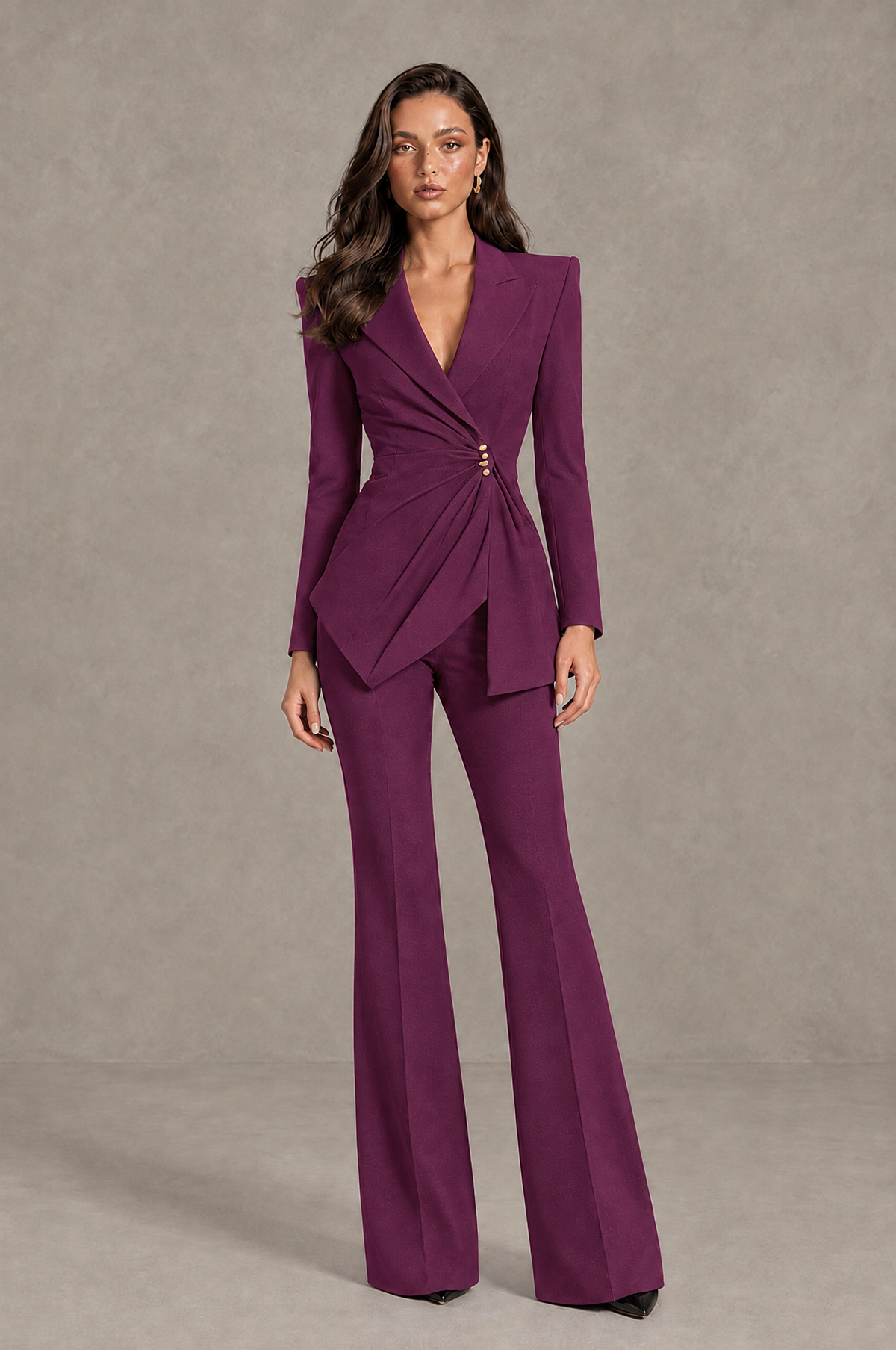 BOLODOO Plum Long Sleeve Wrap Blazer Pantsuit with Wide-Leg Trousers - Plum - Plum (1)