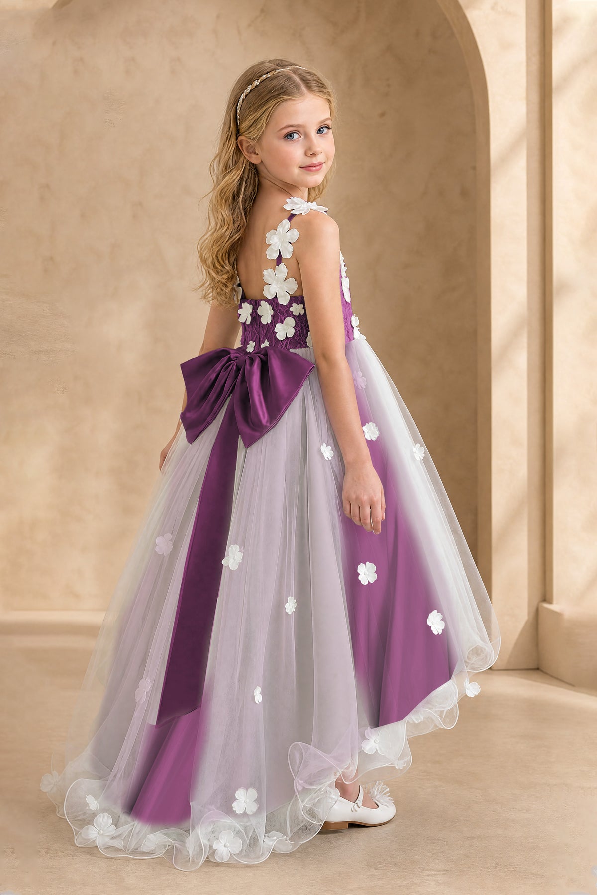 BOLODOO Plum Flower Girl Dress with Floral Appliqué and High-Low Tulle Skirt - Plum
