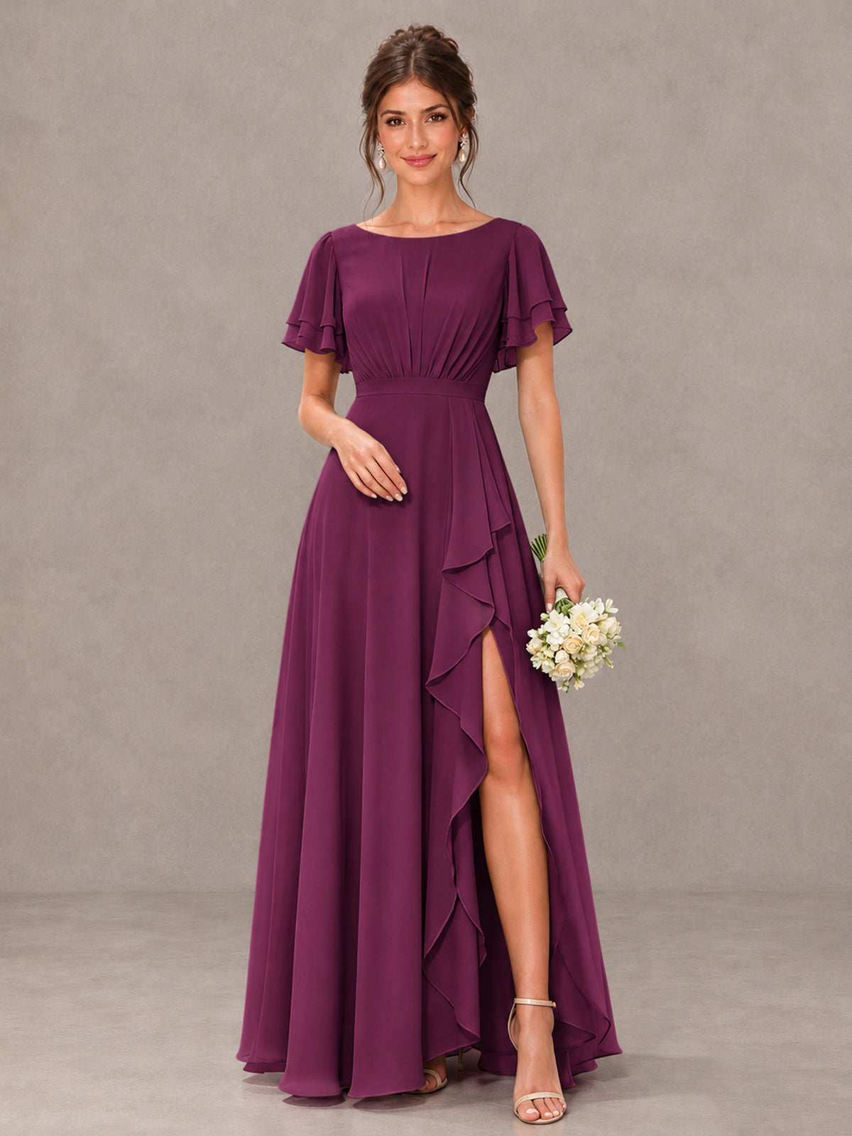 BOLODOO Plum Flutter Sleeve Ruffle Bridesmaid Dress with Slit - Plum - Plum (1)
