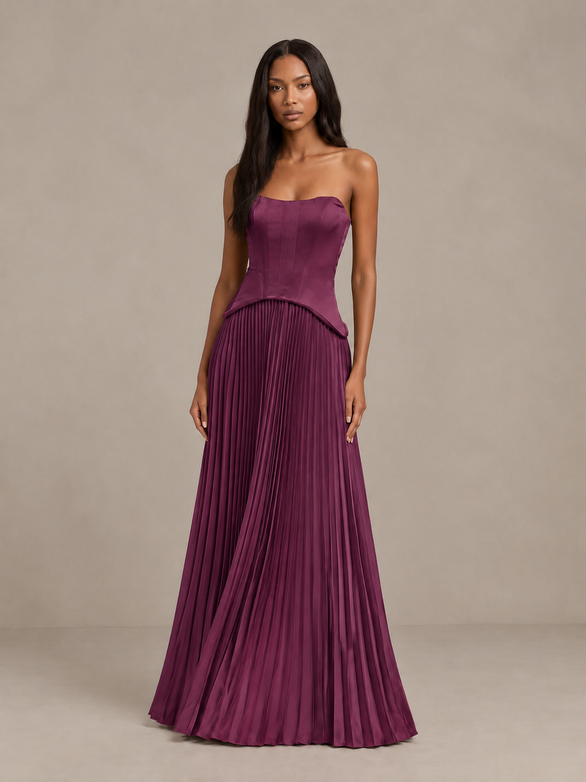 BOLODOO Plum Strapless Pleated Satin Evening Prom Dress - Plum