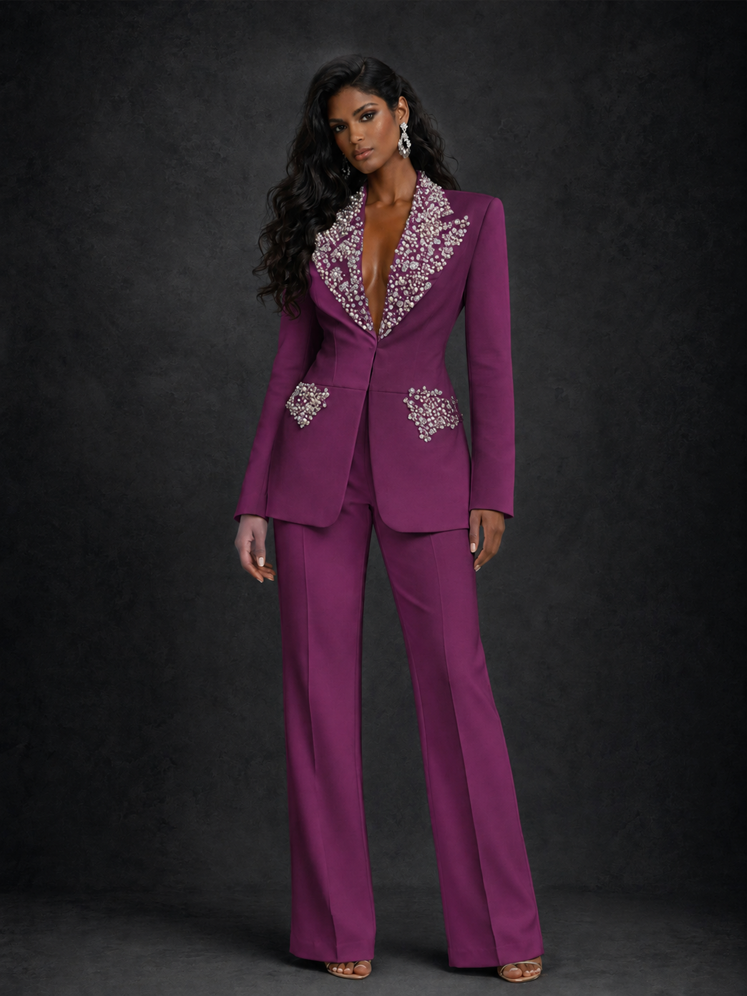 Plum Pearl Rhinestone Floral Deep V-Neck Blazer Wide-Leg Pants Suit Set ...