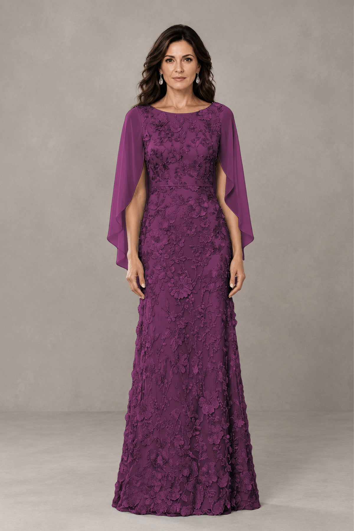 BOLODOO Plum Lace Mother of the Bride Dress with Cape Sleeves - Plum