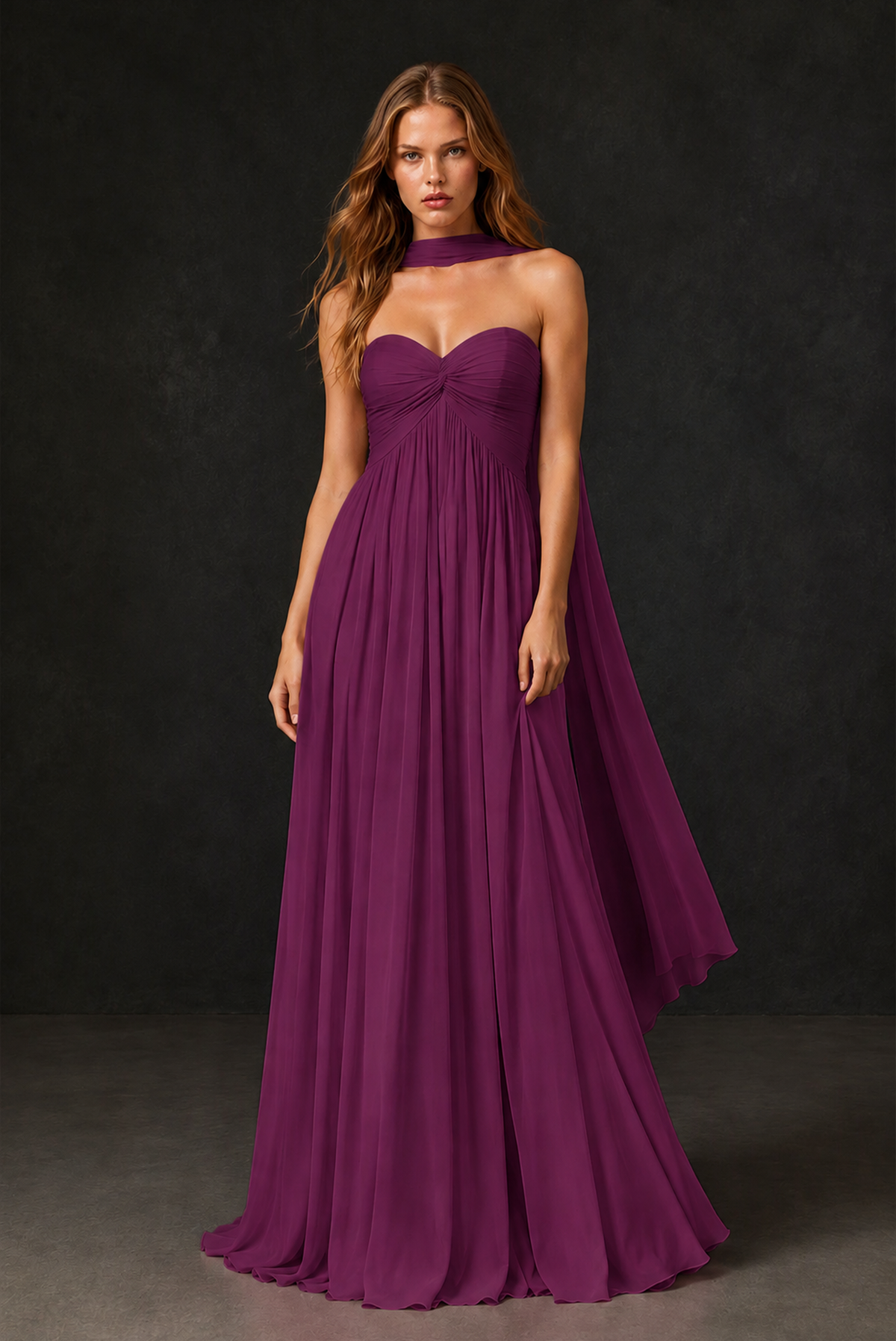 BOLODOO Plum Sweetheart Strapless Twist Knot Detached Halter Scarf Lace-Up Back Empire Waist Chiffon Maxi Dress - Plum