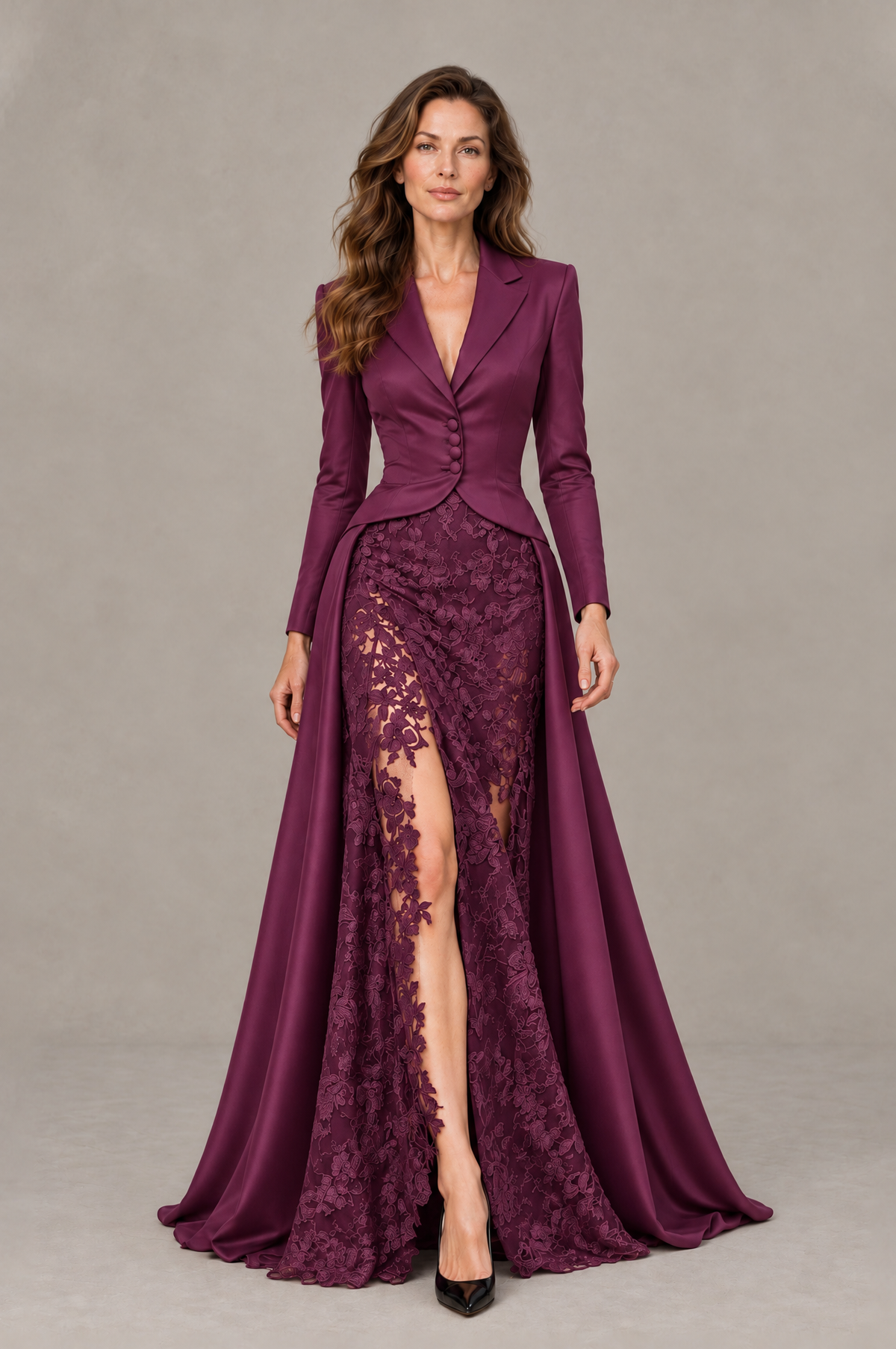 BOLODOO Plum Long Sleeve Lace Blazer Gown with High Slit - Plum - Plum (1)