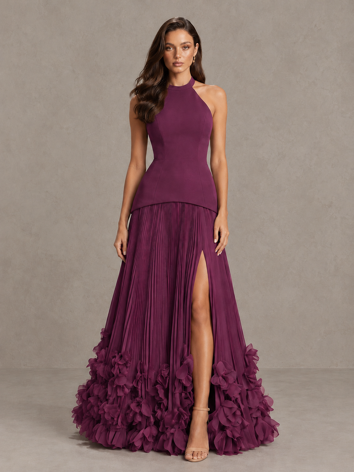 BOLODOO Plum Halter Neck Floor-Length Evening Gown with High Slit & 3D Floral Hem - Plum - Plum (1)
