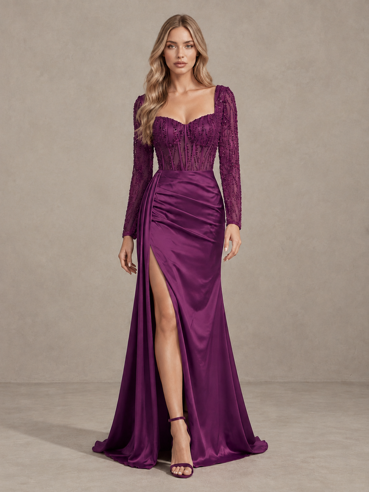 BOLODOO Plum Long Sleeve Lace Evening Dress with High Slit - Plum - Plum (1)