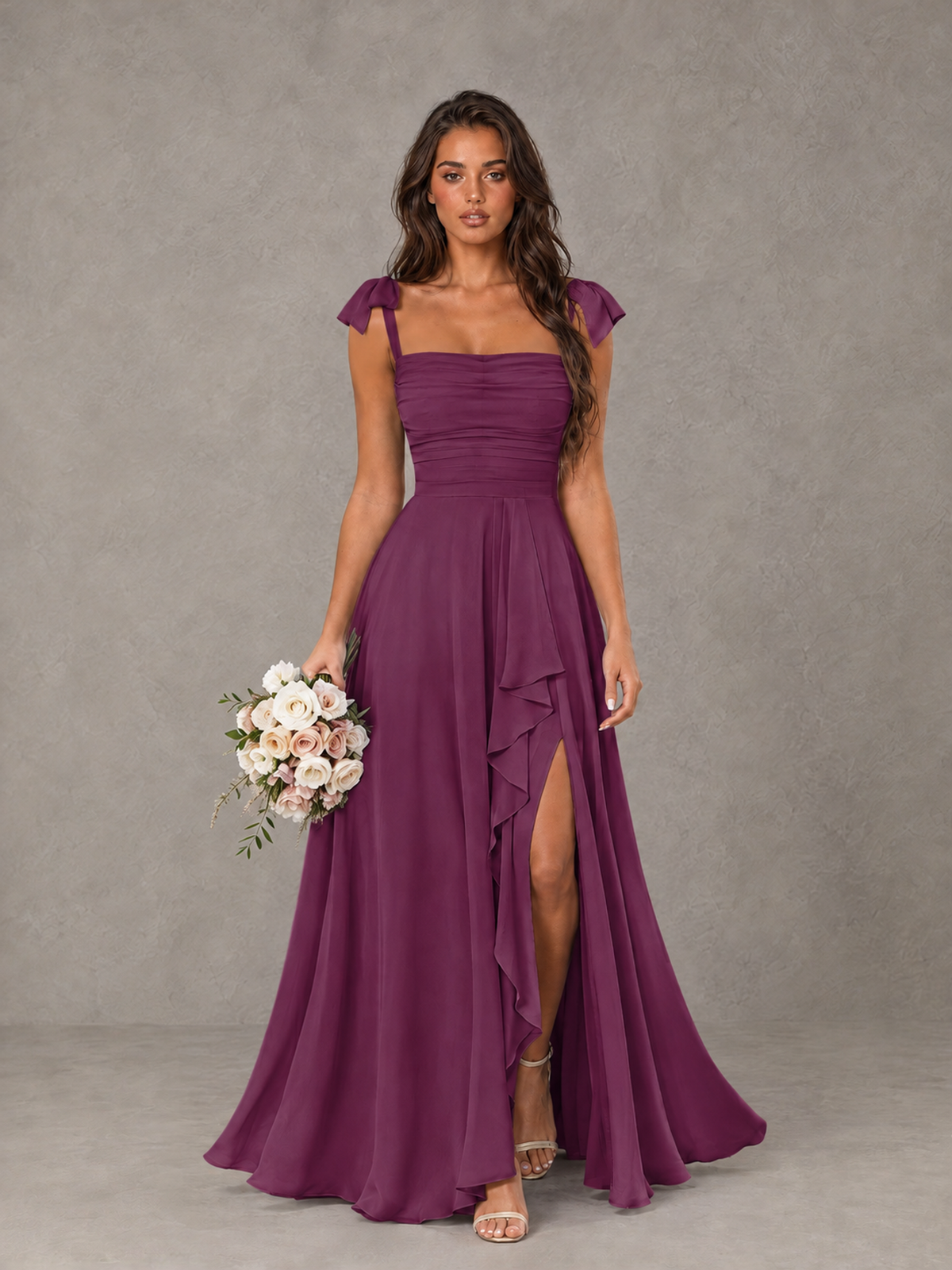 BOLODOO Plum Bow-Strap Bridesmaid Dress with Ruffle Slit - Plum - Plum (1)