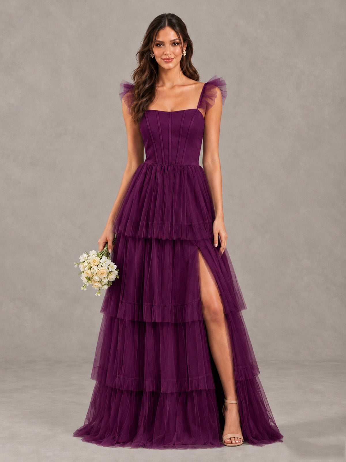 BOLODOO Plum Tiered Tulle Bridesmaid Dress with Slit - Plum - Plum (1)