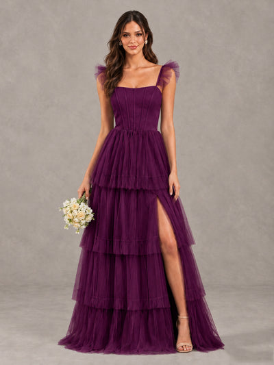 BOLODOO Plum Tiered Tulle Bridesmaid Dress with Slit - Plum - Plum (1)