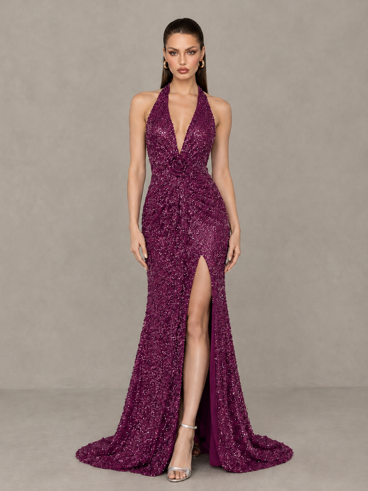 BOLODOO Plum Sequin Halter Open Back Evening Gown with High Slit - Plum - Plum (1)