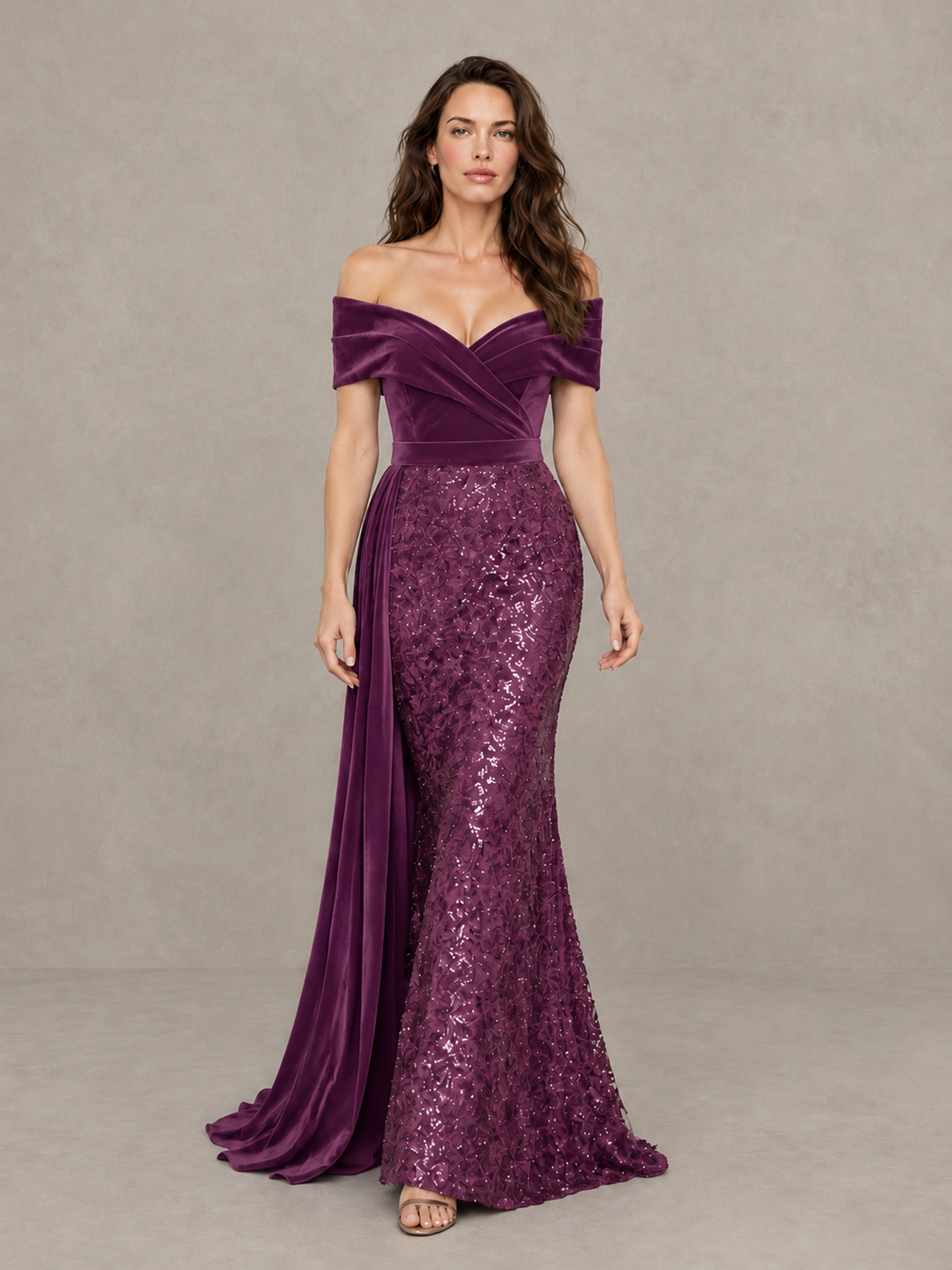 BOLODOO Plum Off-Shoulder Velvet & Sequin Evening Gown with Side Train - Plum - Plum (1)