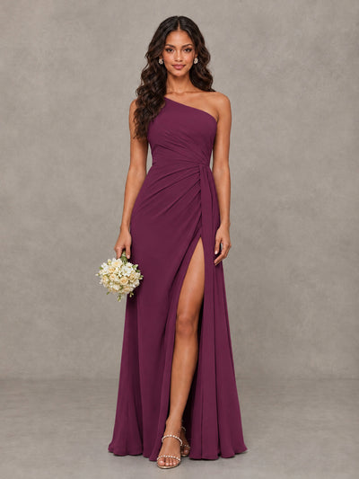 BOLODOO Plum One-Shoulder Chiffon Bridesmaid Dress with Ruched Bodice & High Slit - Plum - Plum (1)