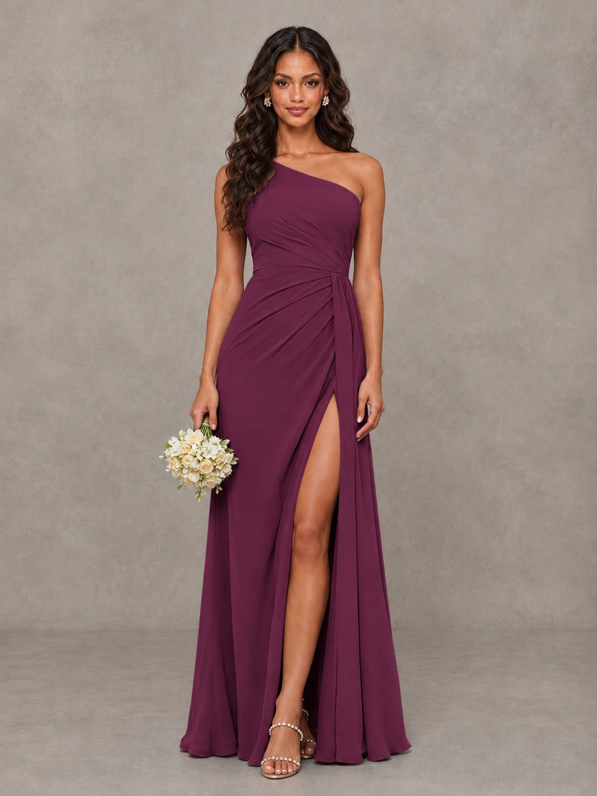 BOLODOO Plum One-Shoulder Chiffon Bridesmaid Dress with Ruched Bodice & High Slit - Plum - Plum (1)