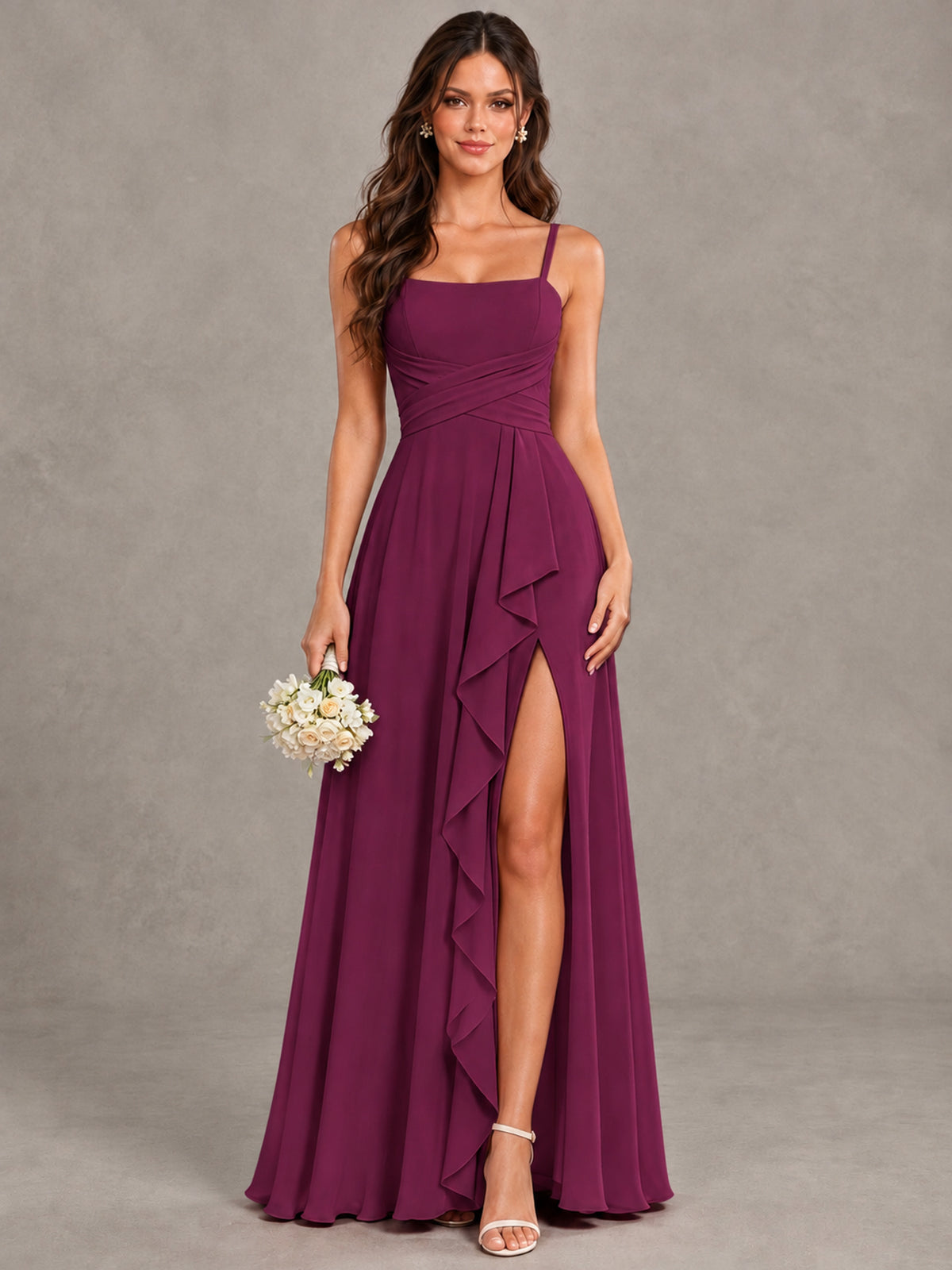 BOLODOO Plum Spaghetti Strap Ruffle Bridesmaid Dress with Slit - Plum - Plum (1)