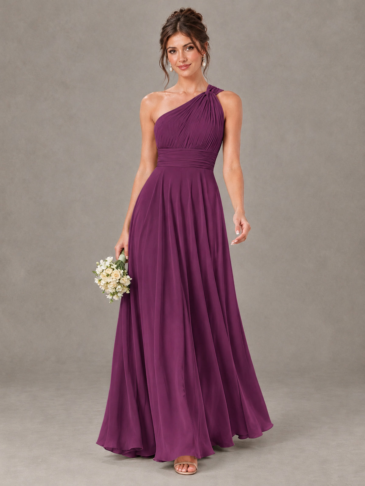 BOLODOO Plum One-Shoulder Chiffon-Look Bridesmaid Dress - Plum - Plum (1)