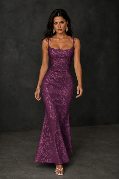 BOLODOO Plum Scoop Neck Tie Strap Lace-Up Back Floral Jacquard Mermaid Maxi Dress - Plum
