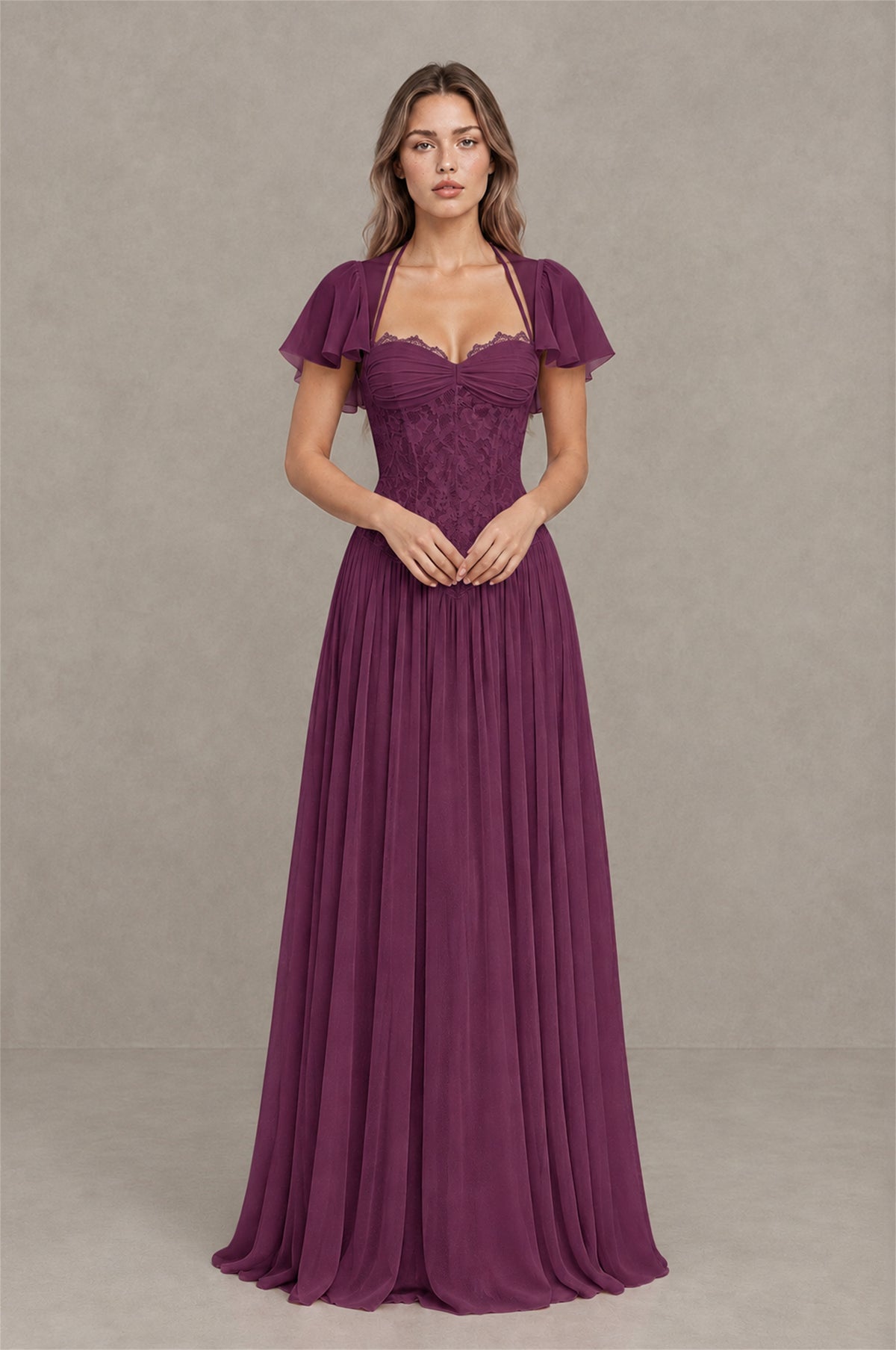BOLODOO Plum Flutter Sleeve Lace Corset A-Line Maxi Dress - Plum - Plum (1)