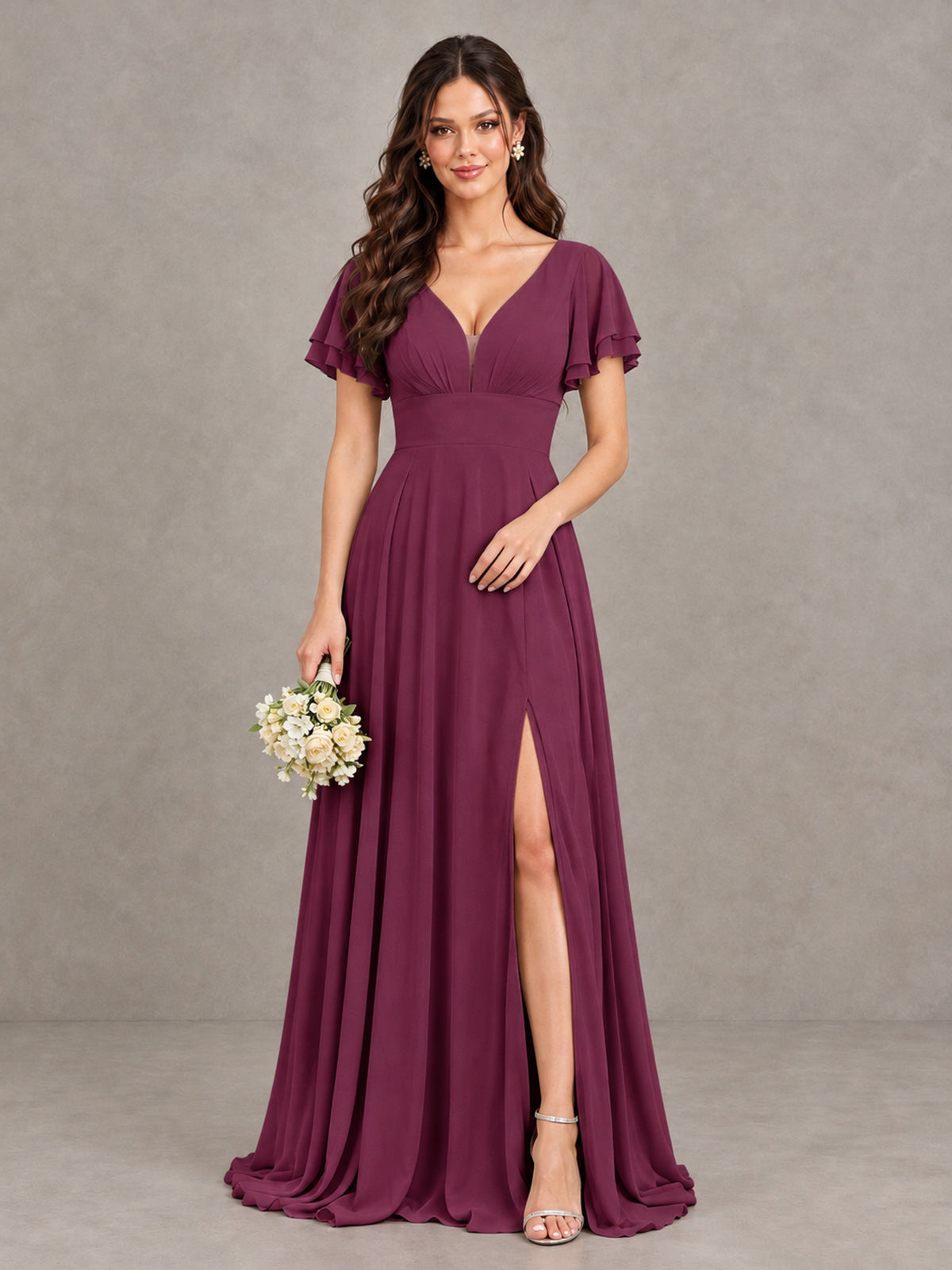 BOLODOO Plum Flutter Sleeve Chiffon A-Line Maxi Bridesmaid Dress with Open Back & Slit - Plum - Plum (1)