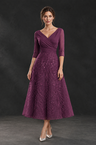 BOLODOO Plum V-Neck Tea-Length Lace Mother of the Bride Dress - Plum