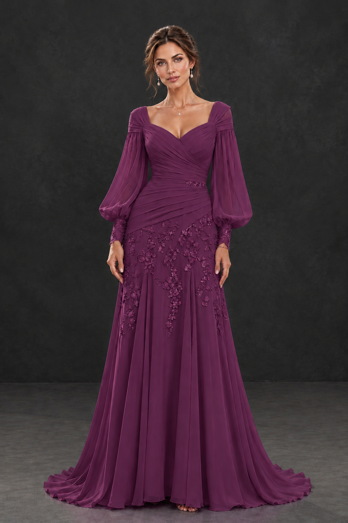 BOLODOO Plum Long Sleeve Mother of the Bride Dress with Floral Appliqués - Plum - Plum (1)